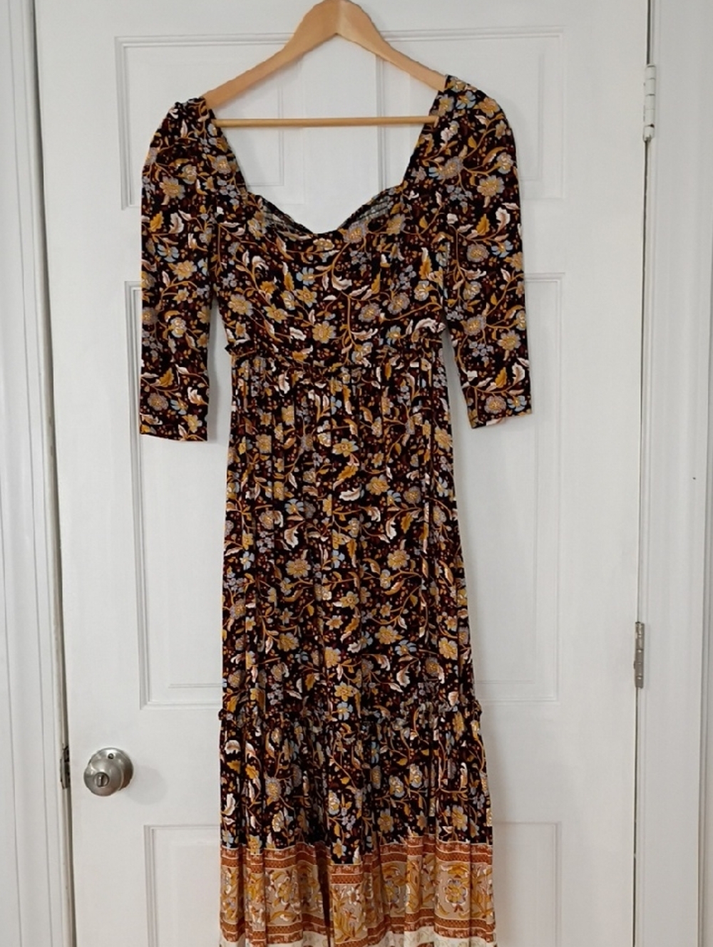 Boho Floral Maxi Dress in Brown and Mustard